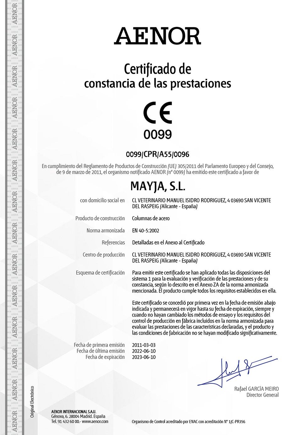 Certificado de Conformidad CE - Norma EN 40-5
